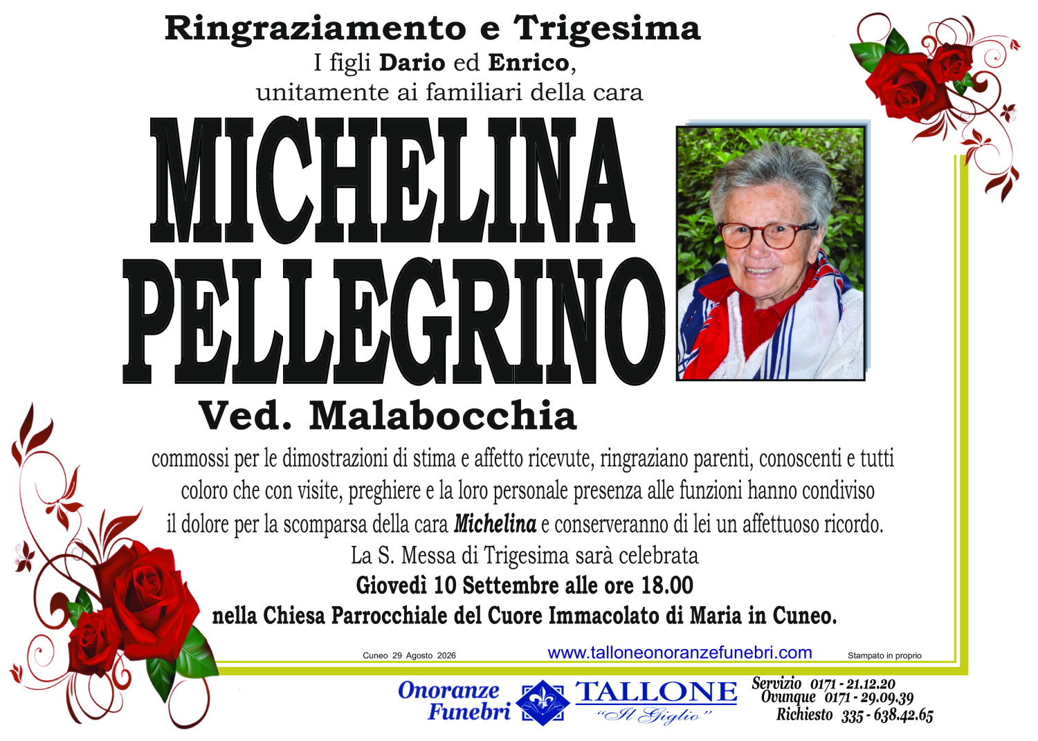 <br />
<b>Warning</b>:  Undefined variable $info in <b>/home/tallone/public_html/ringraziamenti.php</b> on line <b>68</b><br />
Michelina Pellegrino